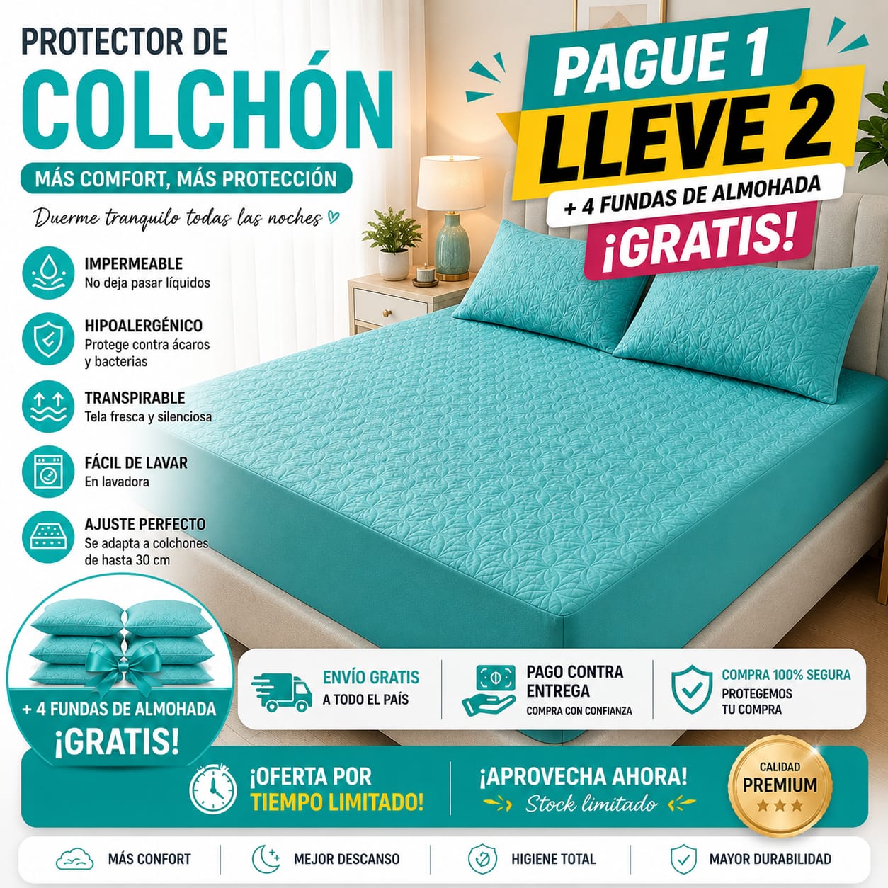 PROMOCION EN CUBRE COLCHON PAGUE 1 LLEVE 2 +4 fundas de almohada  ⭐⭐⭐⭐⭐5/5
